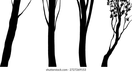 Conjunto de siluetas de árboles negros. Ilustración vectorial de Elementos forestales que incluyen troncos, ramas, vides y hojas aisladas sobre fondo