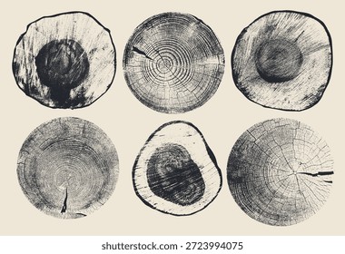 Conjunto de tocones de árbol negro. Secciones transversales de anillos de árbol. Colección de patrón de anillo, textura de madera. Rodajas de árbol con anillos de crecimiento, losas de tronco de árbol. Vector, madera cortada natural, Elementos de fondo.