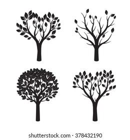 Set of Black Trees and Leafs. Vector Illustration.