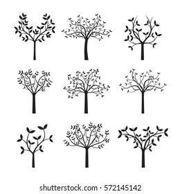 Set Black Trees and Leafs. Vector Illustration.