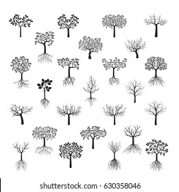 Set Black Trees with Leafs. Vector Illustration.