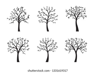 Set of Black Trees with leaves on white background. Vector Illustration.