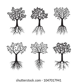 Set of black Trees with Leaves and Roots. Vector Illustration.