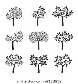 Set black Trees with Leaves and Roots. Vector Illustration.