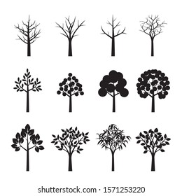 Set of Black Trees and Leaves. Vector Illustration. Collection of icons.