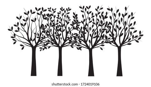 Set Black Trees with Leaves. Vector outline Illustration. Outline Tree, Plant in Garden.