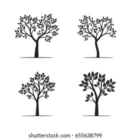 Set black Trees with Leaves. Vector Illustration.