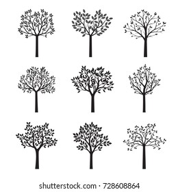 Set Black Trees with Leaves. Vector Illustration.