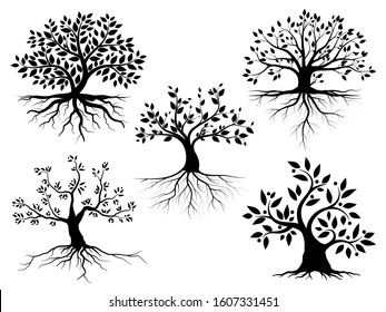 Set Black Trees and root with leaves look beautiful and refreshing. Tree and roots LOGO style.