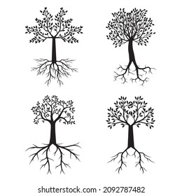 Set of black Trees. Vector outline Illustration.