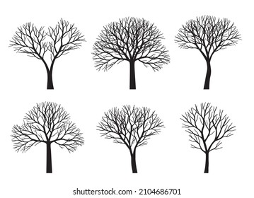 Set of black Trees. Vector outline Illustration.