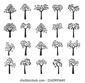 Set black Trees. Vector outline Illustration.