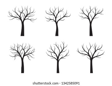 Set of Black Trees without leaves on white background. Vector Illustration.