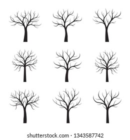 Set of Black Trees without leaves on white background. Vector Illustration.