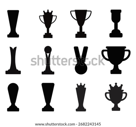 Set of black trophy silhouettes icon vector. Black trophy silhouettes collection. Award trophy cup silhouettes vector set. Collection of championship trophy