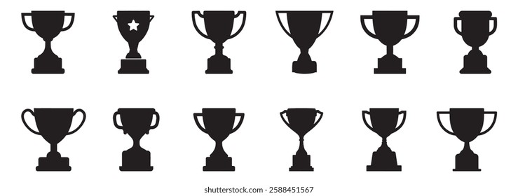 A set of black trophy silhouettes, isolated on a white background, symbolizing sports awards and championships. Designed as a vector set.