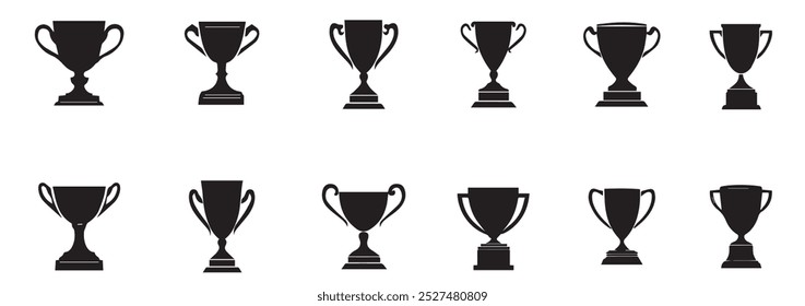 Conjunto de silhuetas de troféu preto em vários projetos. Award cups vetor set, troféu ícones pretos, prêmio campeão esportivo isolado no fundo branco