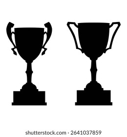 Set of black trophy silhouettes in various designs. Award cups set, trophy black icons, sport champion prize. Isolated on white background. Vector illustration