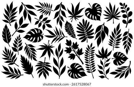 Set of black tropical leaf silhouettes in flat style. Jungle foliage collection isolated on white background. Ideal for botanical design, logos, decorations, eco products, and nature projects.