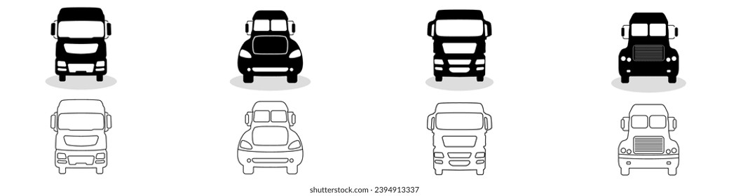 Set of black truck icons vector. Outline truck vector icon. Vehicle on a white background flat icon. The shape of a truck vector. A set of two wagons for travel and pleasure. Freight transport logo.