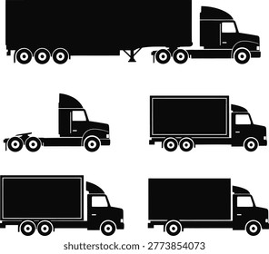 A set of black truck silhouettes, including semi-trailers and delivery vehicles, presented in a minimalist and graphic style.