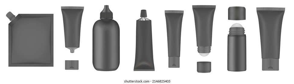 Set of black tubes and bottles. Roller ball tube. Body antiperspirant deodorant roll-on, open and closed blank tubes with screw cap. Realistic mockup. Eye Cream Roll Ball. Applicator. Spouted pouch