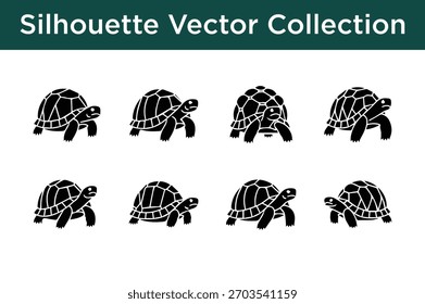 Un conjunto de siluetas de tortuga negra y tortuga en varias poses, ideal para Diseño gráfico, logotipos y materiales educativos. Ilustración vectorial.
