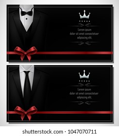 Set of Black tuxedo business card templates with men's suits and place for text