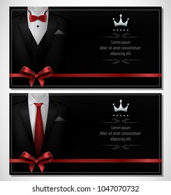 Set of black tuxedo business card templates with men's suits and red tie