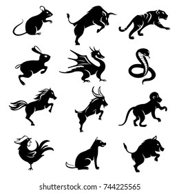 Set of black twelve chinese year lunar zodiac horoscope symbols. Silhouette animal sketch vector illustration isolated on white background.