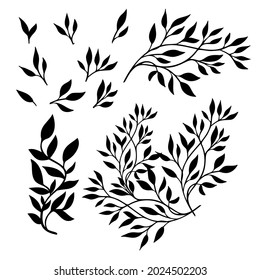 Set of black twigs with leaves. Vector illustration