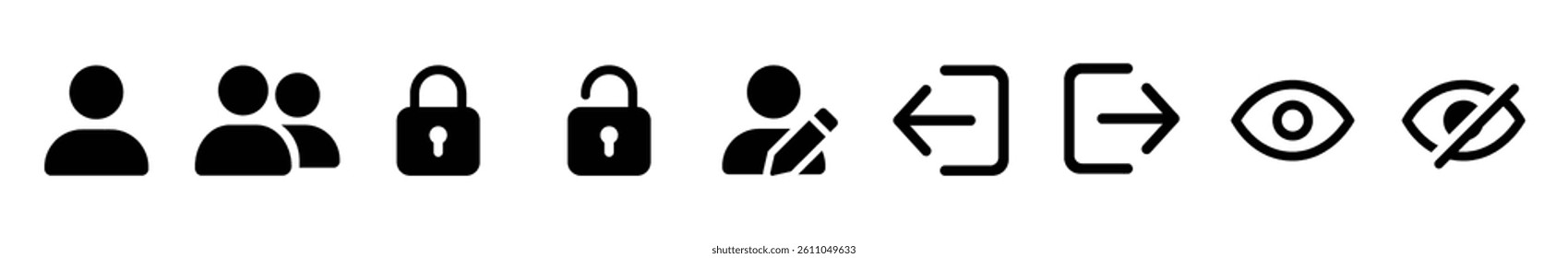 Set of black UI icons user, group, login, logout, lock, unlock, view, hide, edit user. Flat vector style on white background, perfect for apps, websites, and software interfaces. Icons, vector.