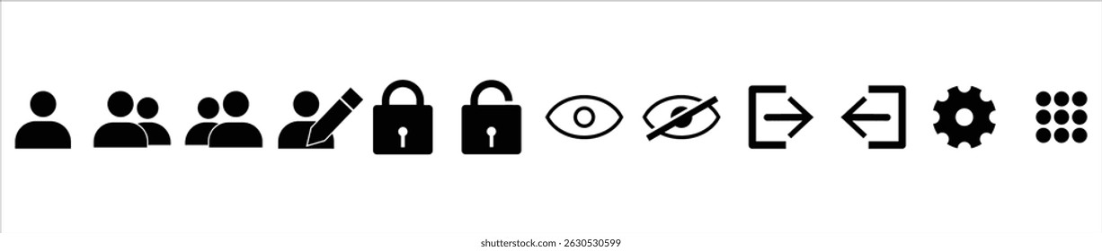 Set of black UI icons user, group, login, logout, lock, unlock, view, hide, setting, option user. Flat vector style on white background, perfect for apps, website and  software interface. icons vector