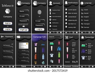 Set of  black UI, UX, screens Shopping app flat design template for IOS UI kit. Shopping Dashboard. 3D buttons,  Neomorphism style. Shopping app mobile UI design in black.