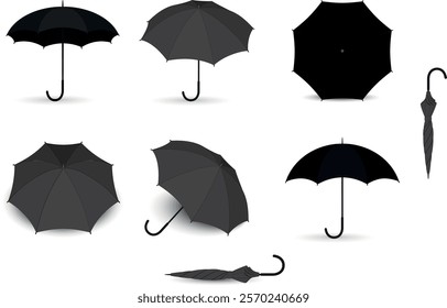 Set of black umbrellas in various positions. Open and folded umbrella.