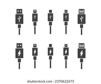 Set of Black USB and USB type interfaces icon. Black cabels icon set. Modern Usb cable Icon. Usb type cable. Charger vector illustration. Charger smartphone symbol in trendy flat style.