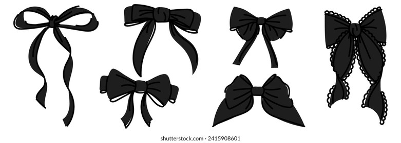 A set of black various bows, ties, gift bows. Vector illustration, hand-drawn. Individual colorful design elements. Wedding celebration, holiday, party decoration, gift, gift concept. Red colors