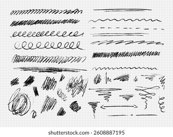 Set of black various brush strokes. Dirty wavy lines, underlines, doodles, handwriting, spots, random scribbles drawn with ink pen or pencil. Vector illustration isolated on white background