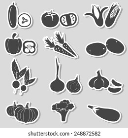 set of black various vegetables stickers eps10