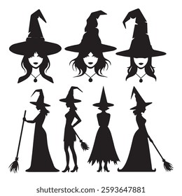 set of black various Witch Hat vector silhouettes isolated on white background