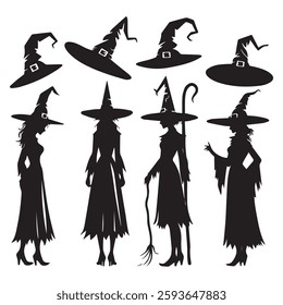 set of black various Witch Hat vector silhouettes isolated on white background