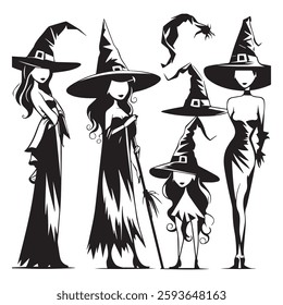 set of black various Witch Hat vector silhouettes isolated on white background