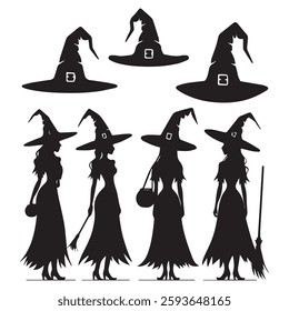 set of black various Witch Hat vector silhouettes isolated on white background