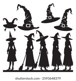 set of black various Witch Hat vector silhouettes isolated on white background