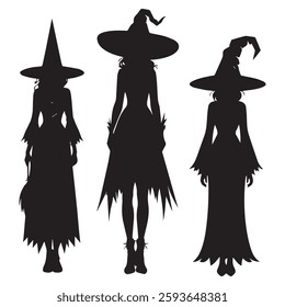 set of black various Witch Hat vector silhouettes isolated on white background