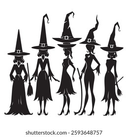 set of black various Witch Hat vector silhouettes isolated on white background 