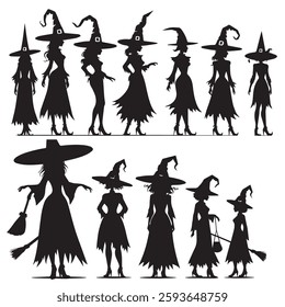 set of black various Witch Hat vector silhouettes isolated on white background 