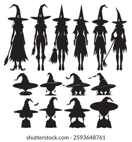 set of black various Witch Hat vector silhouettes isolated on white background 