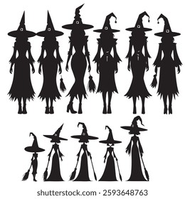 set of black various Witch Hat vector silhouettes isolated on white background 