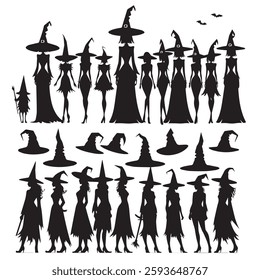 set of black various Witch Hat vector silhouettes isolated on white background 